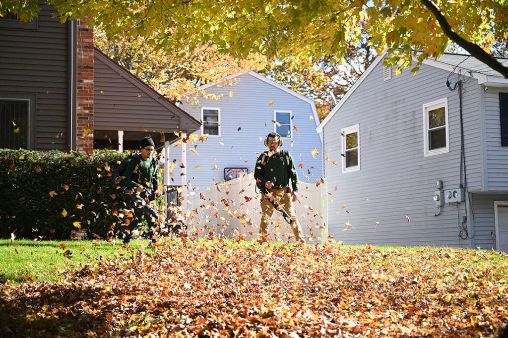 Employee leaf blowing